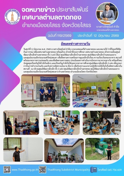 นายกภัคสุนันท์ เทศบาลตำบลตาดทอง มอบหมายให้ปลัดเทศบาลตำบลตาดทอง เข้าตรวจเยี่ยมศูนย์พัฒนาเด็กเล็กตำบลตาดทอง ทั้ง 3 แห่ง ตำบลตาดทอง อำเภอเมืองยโสธร จังหวัดยโสธร