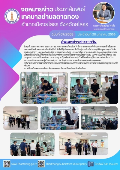 นายกภัคสุนันท์ พร้อมคณะเข้าเยี่ยมและมอบของเยี่ยมด้วยความห่วงใย เพื่อเป็นกำลังใจให้ผู้ปกครองและนักเรียนผู้บาดเจ็บที่ประสบอุบัติเหตุ จากเหตุรถรับส่งนักเรียนพลิกคว่ำ บนถนนเส้นเจ้าเสด็จ ระหว่างบ้านนาสีนวล &ndash; บ้านนาสไมย์ ตำบลหนองเรือ อำเภอเมืองยโสธร จังหวั